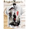 Men's Short-sleeved Shirt with Samurai Print and Stylish Ink Painting Design, Summer Casual Men's Top, Trendy Retro Streetwear.