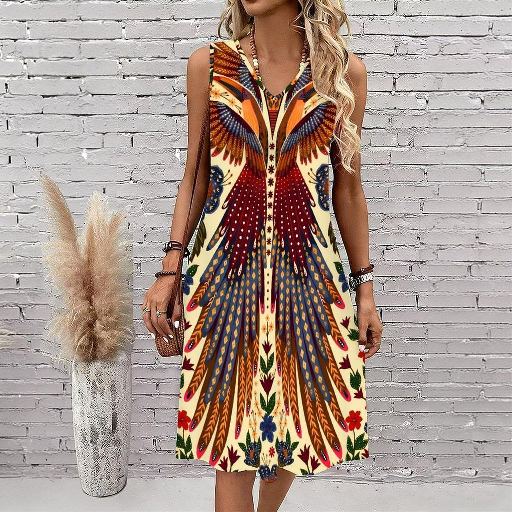 Plus Size V Neck Sleeveless Dress Forest Valley Waterfall Natural Print For Outdoor Hiking Adventure