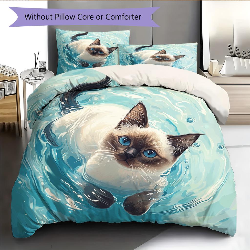Cat with Water Ripple Pattern Pattern Bedding Quilt Set  Home Decoration  Gift (1 * duvet cover + 2 * pillowcase  without core)