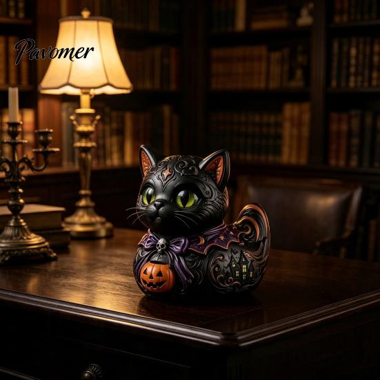 Spooky Home Accents Midnight Witches Cat Duck Figurine, Black Statue Resin Animal Ornament with Pumpkin Lantern, Halloween Decoration for Tabletop