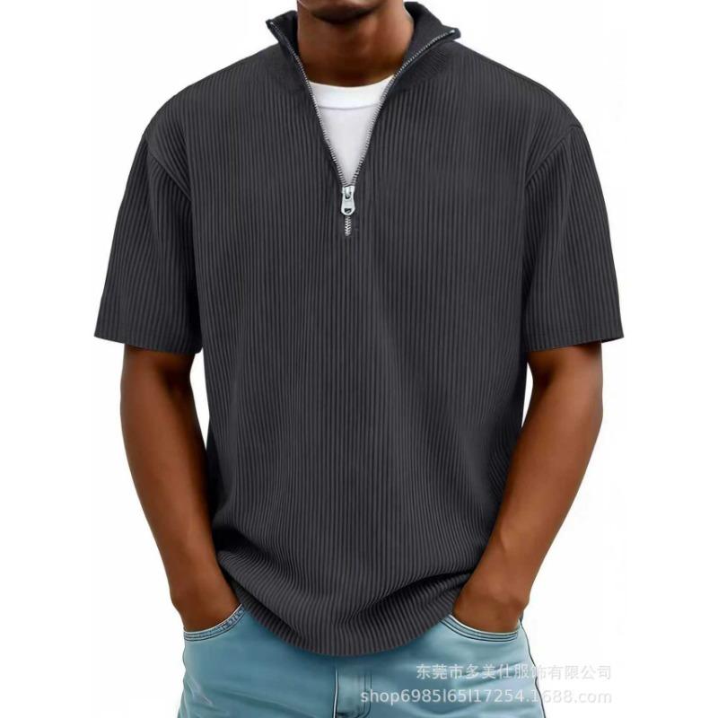 Summer New Men's Solid Color Zipper Striped Casual Short Sleeve T-Shirt
