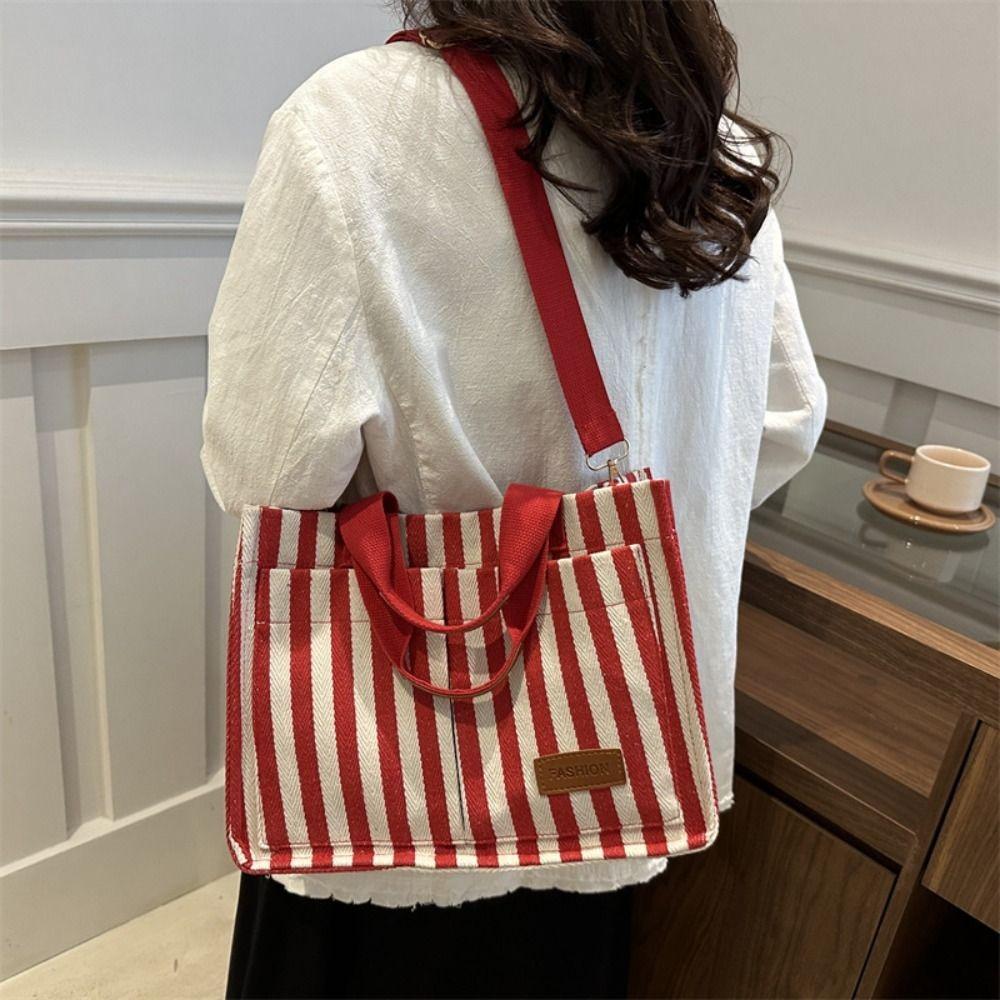 Simple Shoulder Bag Large Capacity Cloth Handbag Temperament Stripe Canvas Tote Bag  Girls