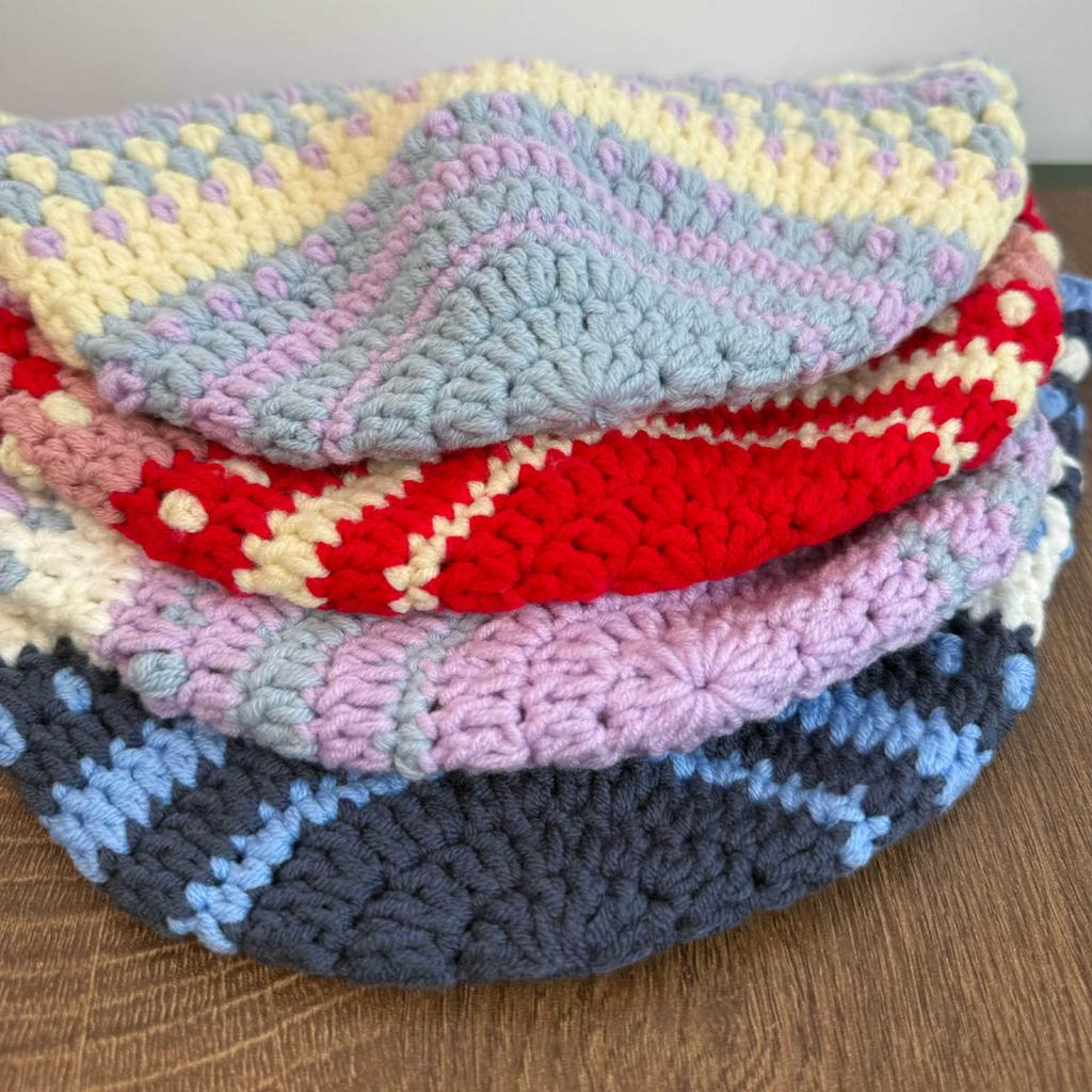 Vintage Handmade Crochet Contrast Striped Knitted Bucket Hat Women Bohemian Wave Lace Trim Beanie Sun Bucket Hat