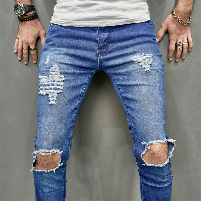 2024 New European And American Style Men'S Perforated Small Leg Jeans With Slight Elasticity Men'S Denim Pants