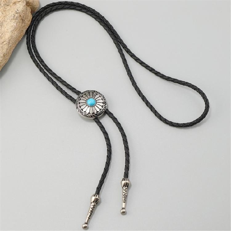 Turquoises Flower Pendant Bolo Tie Necklace For Men Women Cowboy Adjustable Leather Cord Necktie Casual Evening Wear