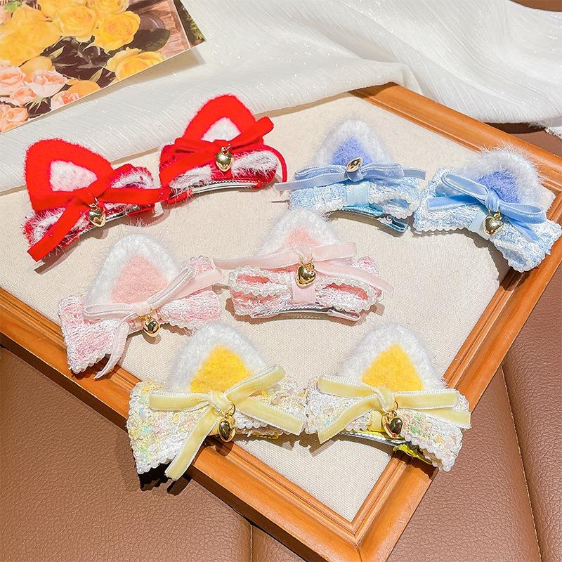 Cute Baby Cat Ear Bow Hair Clips - Winter New Plush 3D Hair Accessories for Kids, Soft & Gentle on Hair, Adorable Bangs Clips