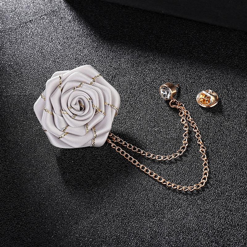 Men Wedding Brooches Cloth Art Handmade Rose Flower Brooch Lapel Pin Badge Tassel Chain Men'S Suit Accessories Groom Boutonniere