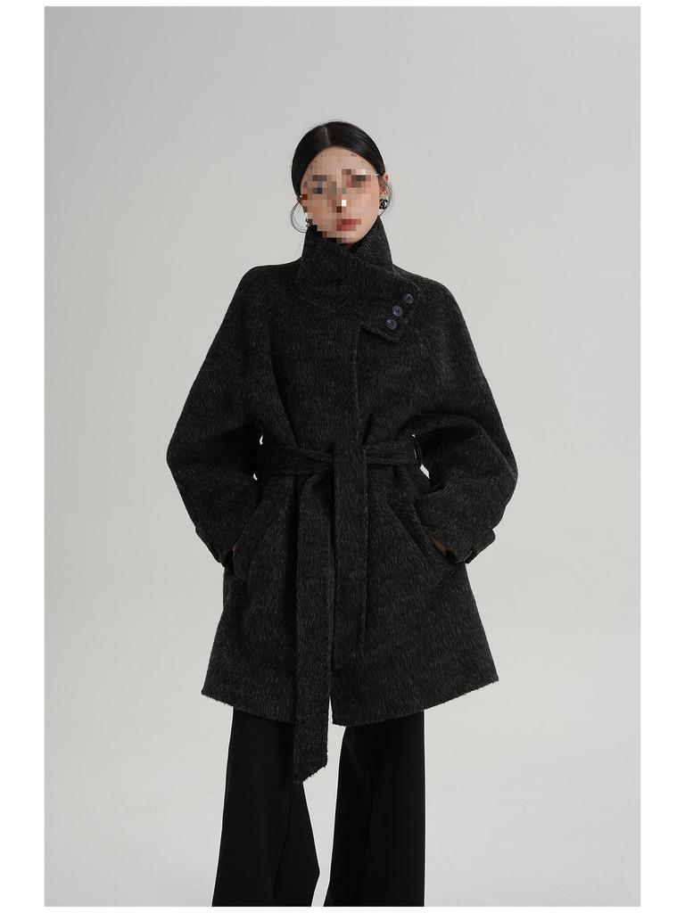 SRYS AME Women's Elegant Mid-Length Stand-Up Collar Wool Coat – Autumn/Winter