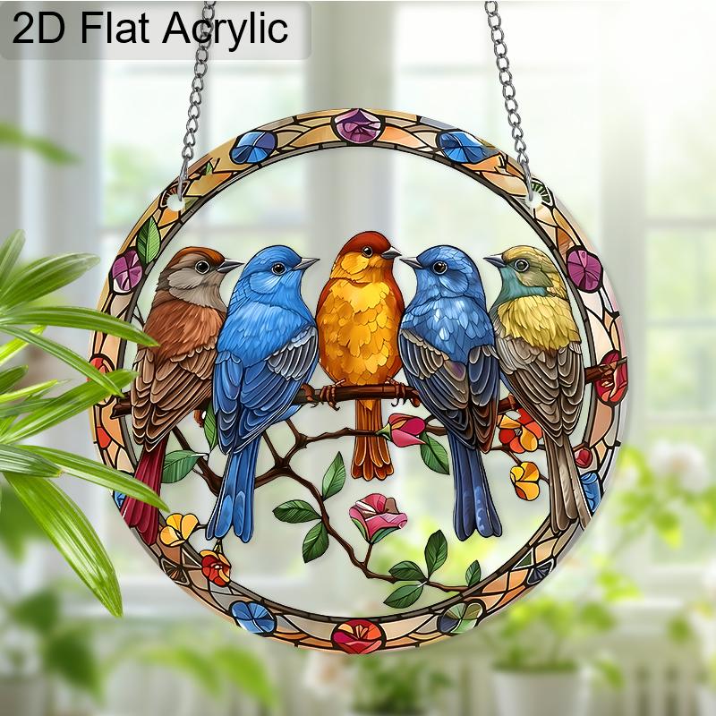 Acrylic Colorful Birds On A Branch Suncatcher, Stained Glass Style Window Hanging Ornament for Nature and Garden Lovers