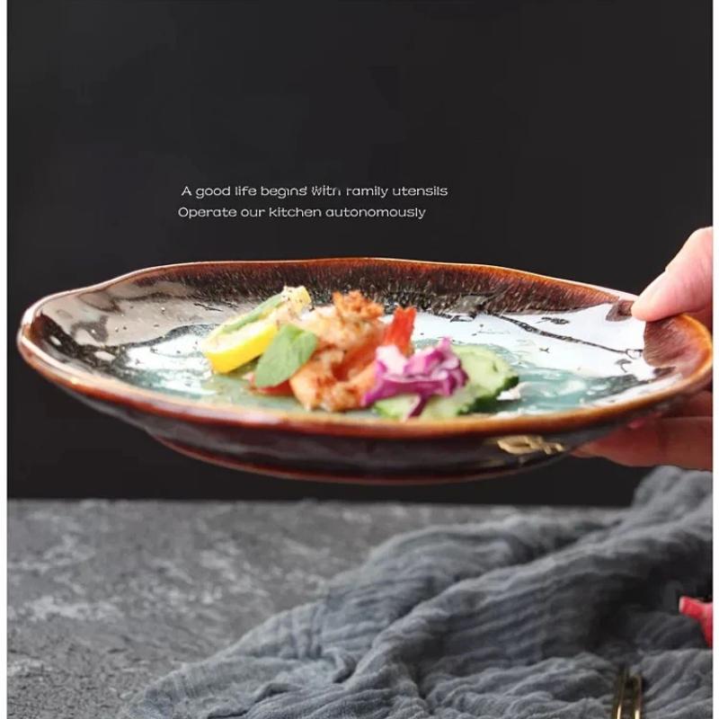 Creative European Ceramic Dinner Plate, Kiln-Changed Green Glaze Steak Plate, Household Salad Dish