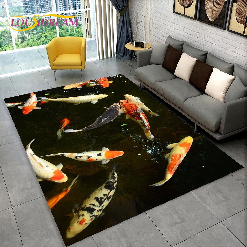 3D Pastoral Tai Chi Carp Fish Area Rug,Carpet Rug for Living Room Bedroom Sofa Doormat Decor,Kid Play Kitchen Non-slip Floor Mat