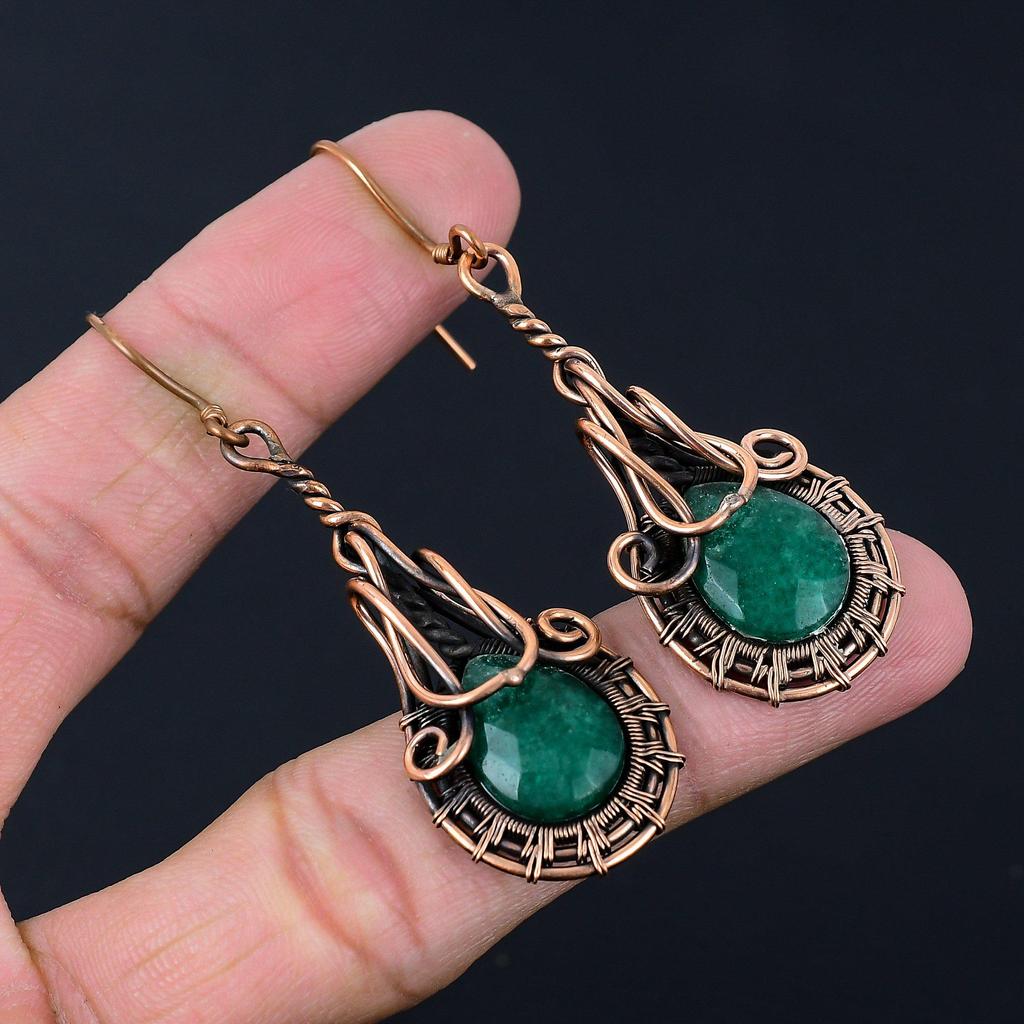 Emerald Lab-Created Gemstone Handmade Pure Copper Wire Wrapped Earrings Jewelry