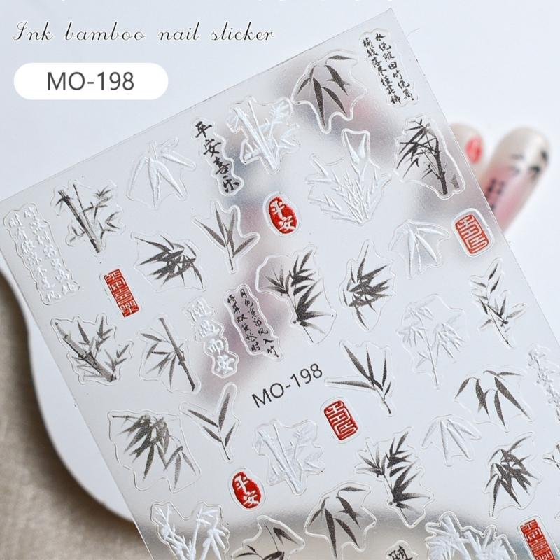 Chinese Style Nail Sticker Nail Decals Embossed Self Adhsive Sticker Chinese Bamboo for Women Girls DIY Nails Manicure