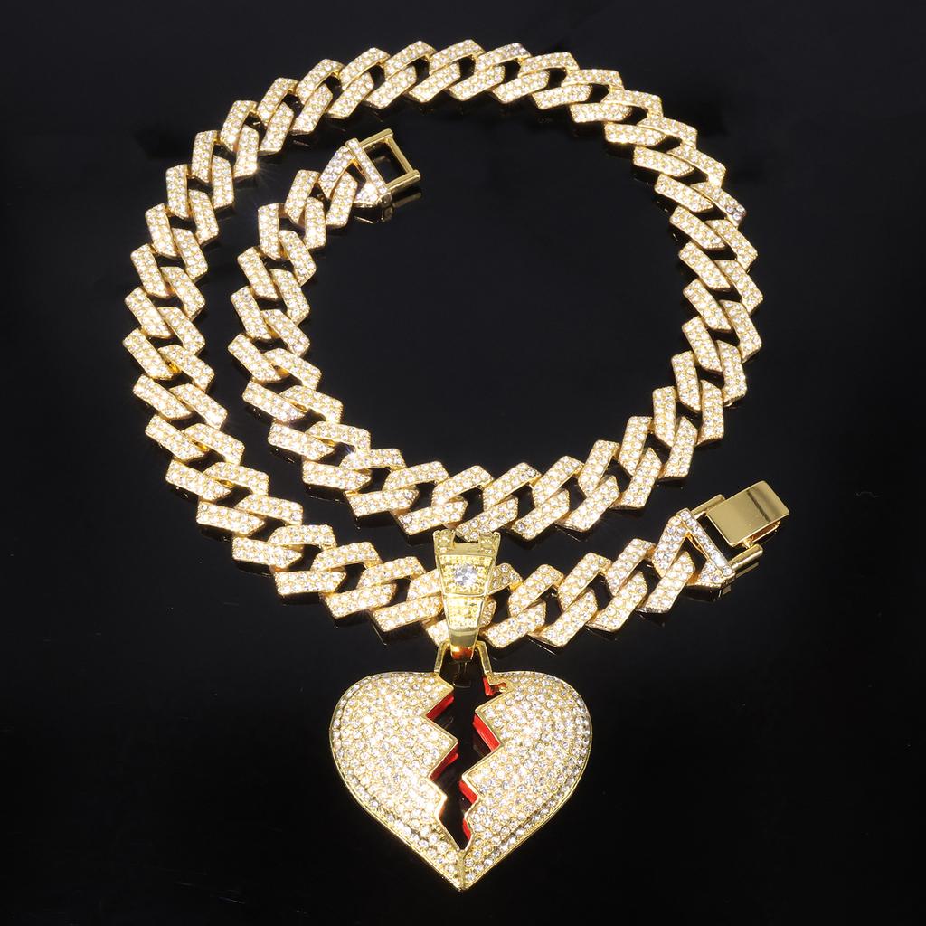Hip Hop Personality Broken Heart Full Diamond Pendant Hiphop Street Accessories Cuban Chain Fashion Necklace