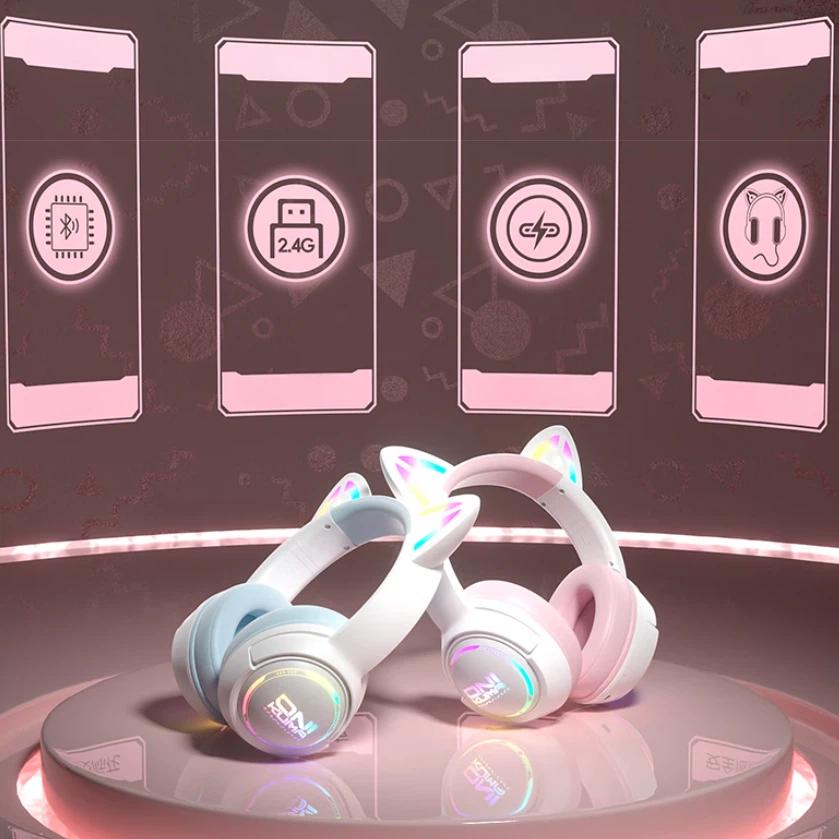 ONIKUMA Cat Ear Headphones, Wireless Bluetooth Tri-Mode, Noise-Cancelling, Music Gaming Headset with Microphone, White