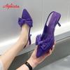 Aphixta 7cm Thin Heels Women Sandals Pointed Toe Purple Silk Butterfly-knot Ladies Modern Slides Shoes Plus Size 42