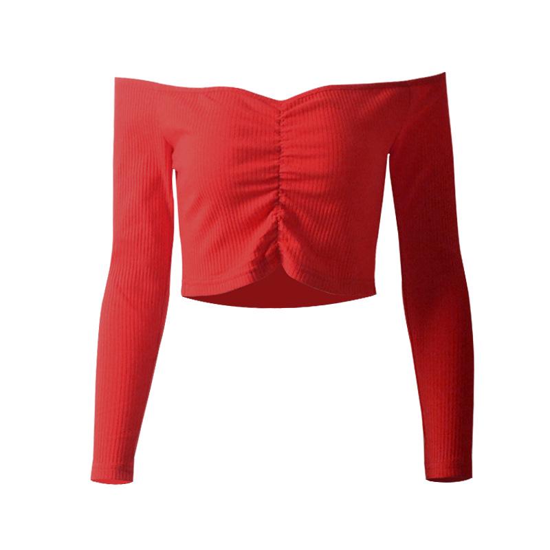 European and American women's clothing bottoming shirt slim-fitting open-navel long-sleeved t-shirt women's design sense one-word shoulder top women's