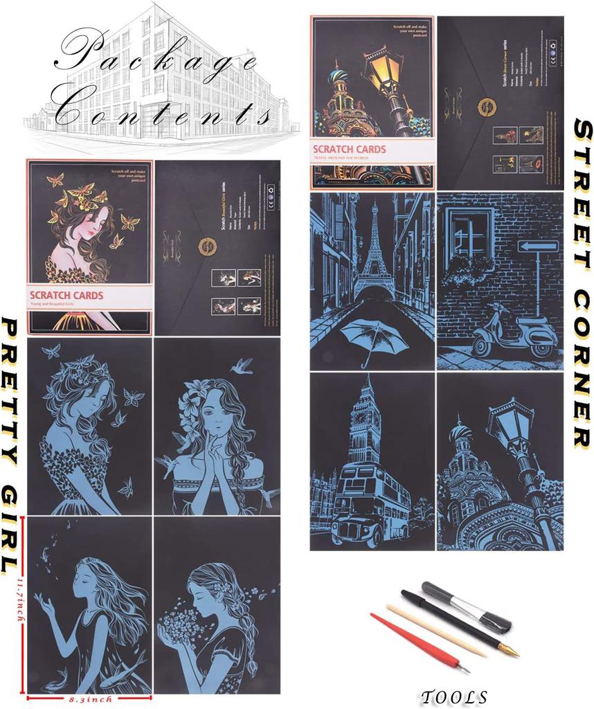 Formemory Scratch Art Set, 12 Sheets of Scratch Paper, A4 Size, with Scratch Pen Set, Beautiful Art, Healing, Soothing, Art Therapy, Scratch Art Pen