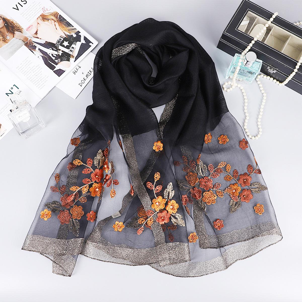

MC Beaded Scarf Silk Wool Mulberry Silk Scarf for Women Spring and Autumn Embroidered Rhinestone Cheongsam Shawl чёрный