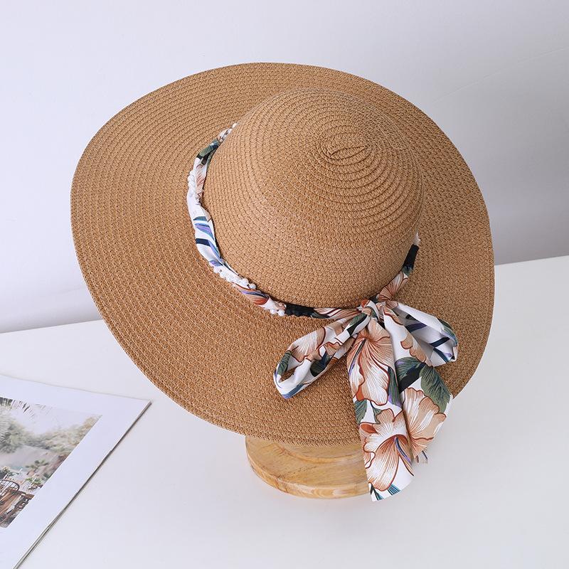 New Women's Summer UV Protection Sweet Ribbon Seaside Vacation Sunshade Bucket Hat Bow Large Brim Straw Hat