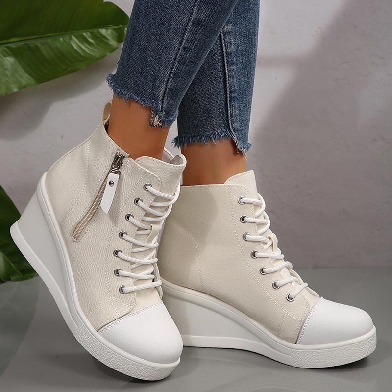 Fashion Black High Top Canvas Sneakers Shoes for Women Classic Platform Wedge Heel Casual Shoes Woman Fashion Zipper Lace Up Ankle Boots