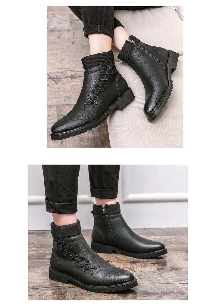 Men's Cross Martin High Top Black Leather Boots - Fashionable Round Toe Business Casual Footwear for 2025.