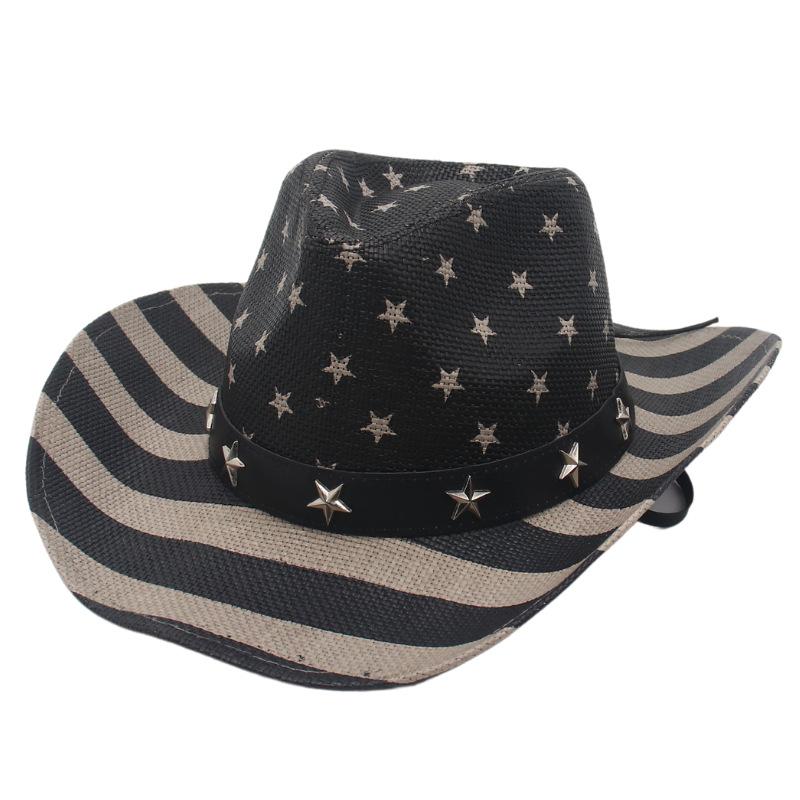American Waterproof And Old Stars And Stripes Five-Pointed Star Striped Cowboy Hat With Curved Brim Equestrian Riding Jazz Top Hat