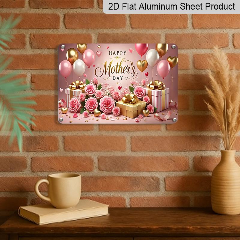 2D Flat, 1pc "Happy Mother's Day" Gift & Balloon Plaque, 12"×8" - Pink Rose & Gold Decor Sign - Aluminium Wall Hanging Decoration, Festive Mother's