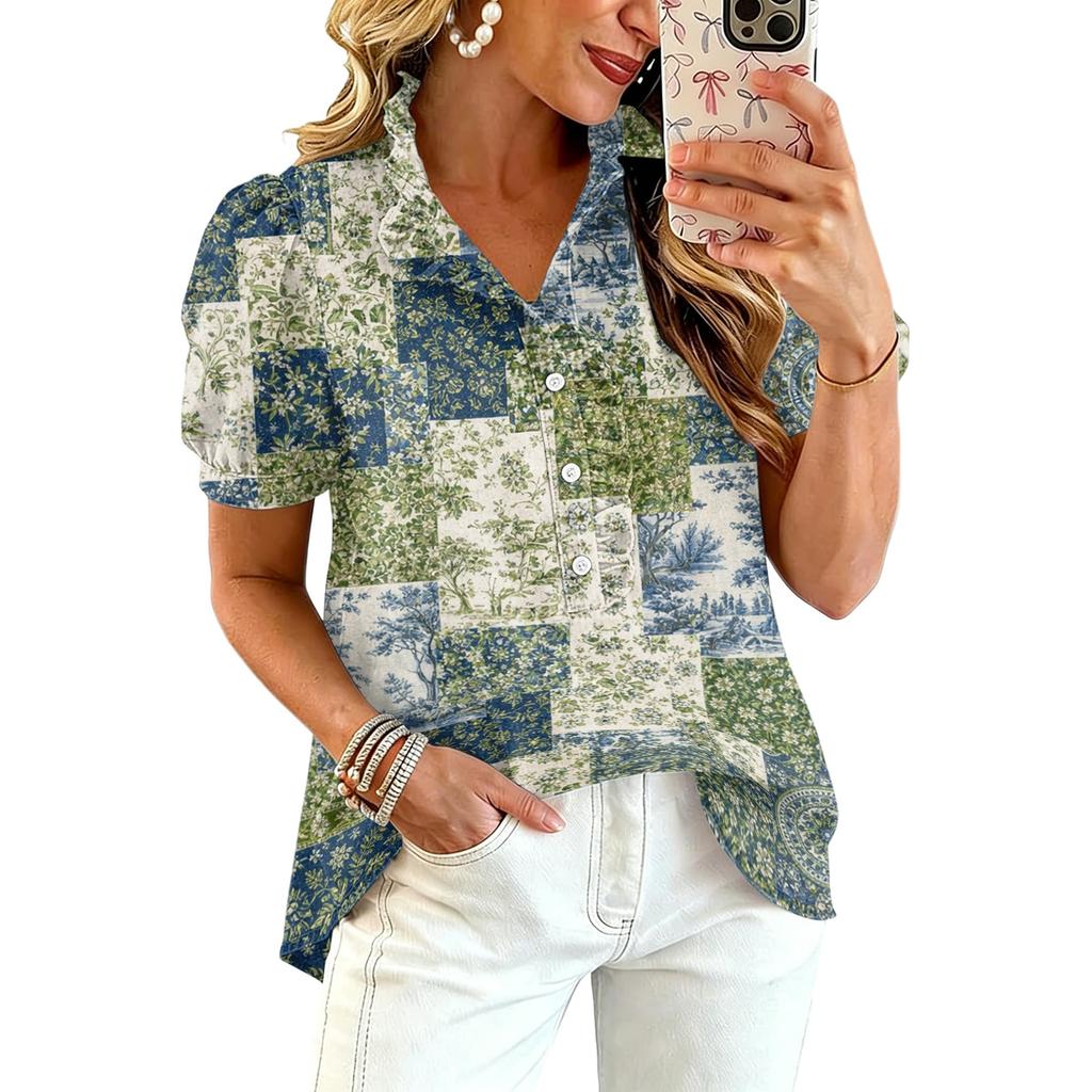 Women Ruffle V Neck Floral Print Short Sleeve Blouse Casual Loose Fit Button Down Top for Daily Office Wear