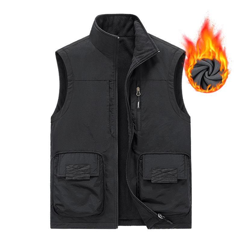 Middle-aged Velvet Thickened Vest with A Base To Keep Warm and Casual Vest, Wearing A Multi-pocket Vest on Both Sides