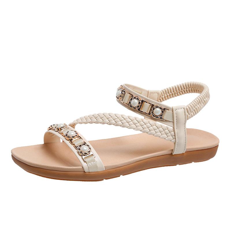 2025 summer new bohemian woven belt flat sandals elastic band large size beach sandals women