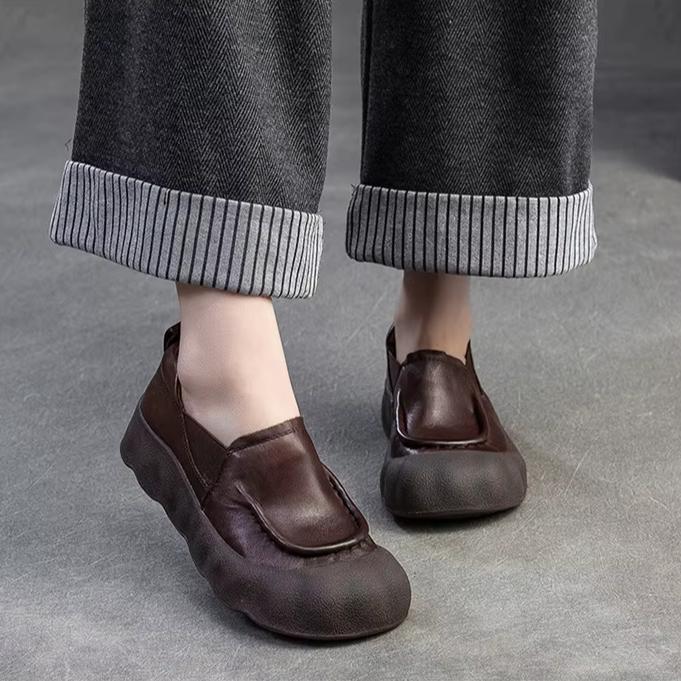 Johnature Genuine Leather Loafers Retro Round Toe Thick Soled Versatile Slip-on Women's Flat Shoes