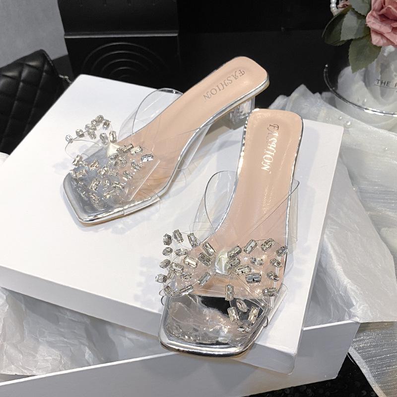 

Прозрачные крутые шлепанцы со стразами, женские летние новые, с квадратным носком, модные, универсальные, хрустальные шлепанцы на толстом высоком каблуке 40 серебряный