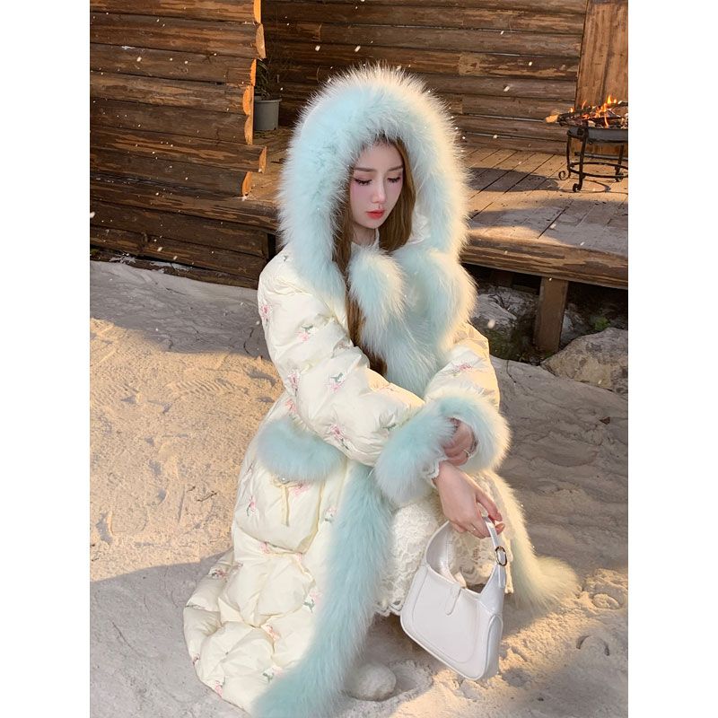 Sweet Girly Big Fur Collar Long Down Jacket Embroidered Waist Jacket Fashionable Winter Women's Down Jacket