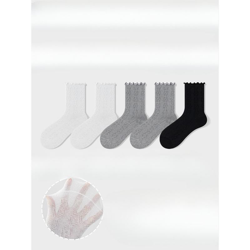 5 Pairs of Women's Summer Thin Style All Kinds of Mesh Hollow Wooden Ear Side Tube Stack Socks