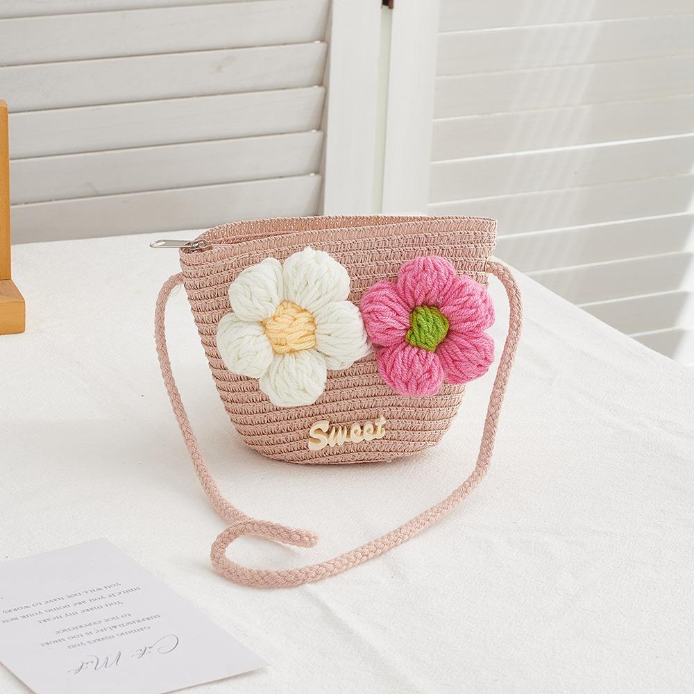 Cute Zipper Straw Bag Flower Princess Summer Beach Coin Purse Handmade Woven Storage Basket Kids