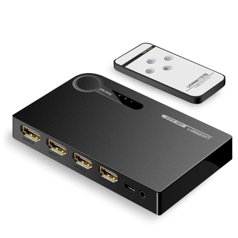 Ugreen 3-Port HDMI Switch Splitter - 4K 3D, 7.5 Gbps Speed, 36-bit Color Depth, Black (Model 40234)