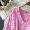 French Pink V-Neck Embroidered Ruffle Dress: Women's Autumn/Winter Waist-Cinching Long Dress
