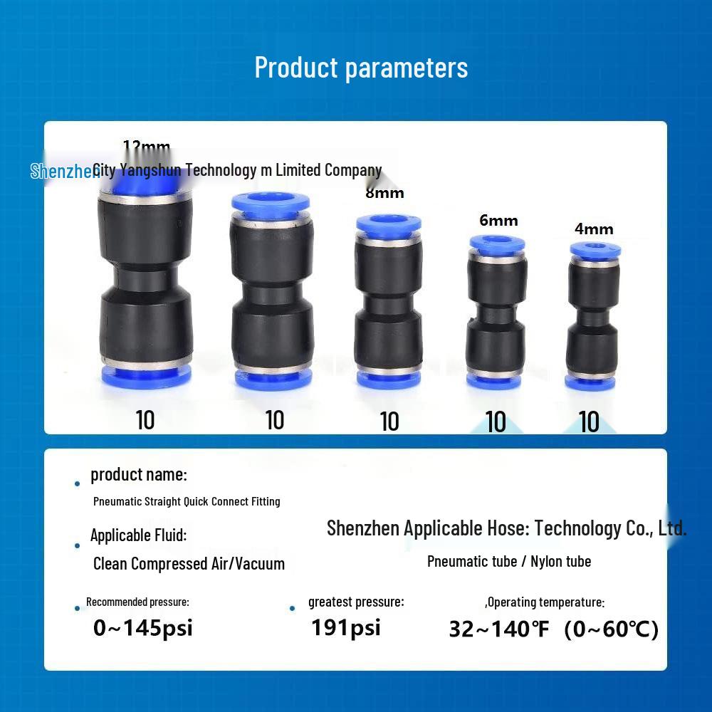 Box of 50 Two-Way Pneumatic Connectors 4-12mm Quick Air Hose Push-Fit