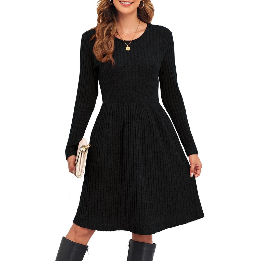 women's vertical ribbed cotton blend crew neck long sleeve midi a line knit sweater dress fall casual swing gown