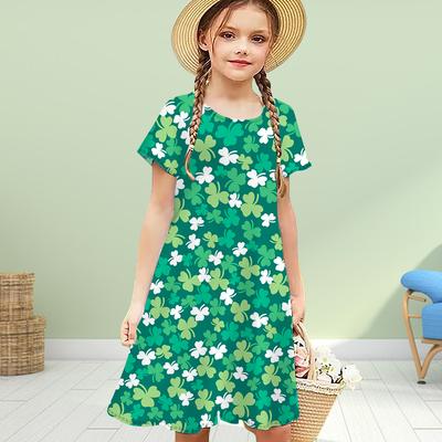 Girls 3D Clover Print Dresses Kids Girl Party Short Sleeved Princess Dress 3D Print Dress