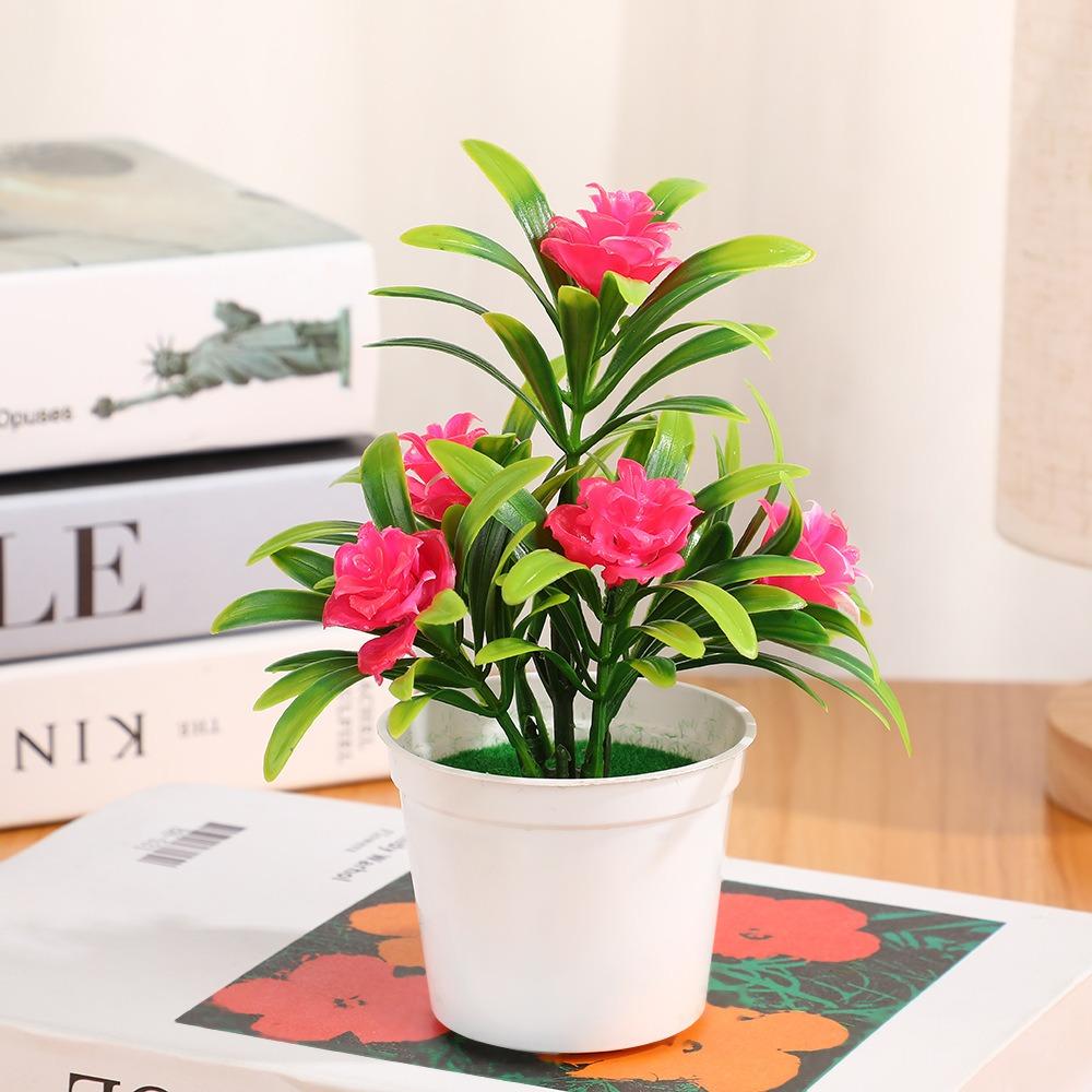 New 6 Colors Artificial Potted Plant 12*17cm Plastic 5 Head Roses Office Table Decor Fake Plants Wedding Home Hotel Decor