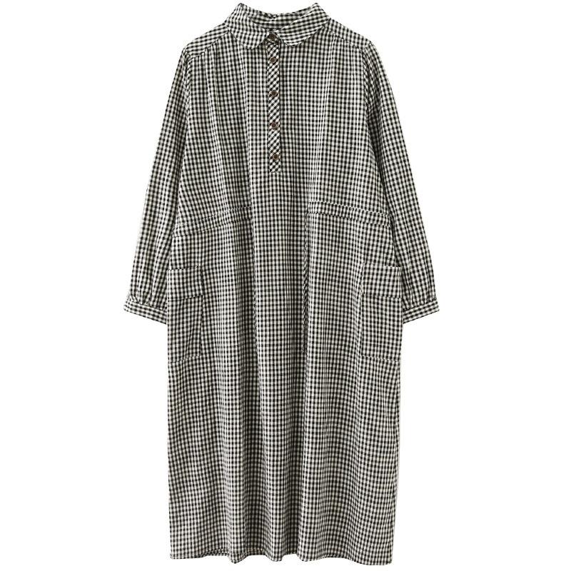 The real spring new literary loose cotton and linen plaid long-sleeved dress women's waist medium and long