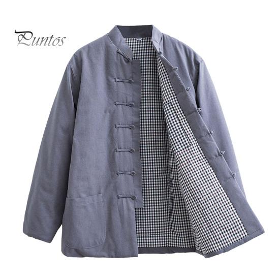 

Мужской костюм в стиле Тан, хлопковое пальто с воротником-стойкой, дизайн на пуговицах, однотонная традиционная куртка с карманами, повседневная одежда M серый