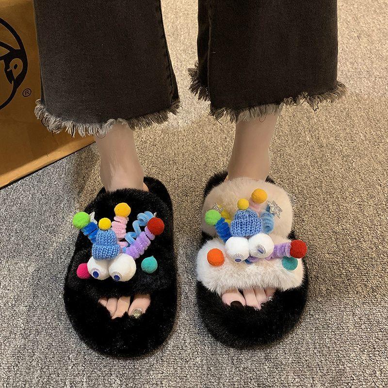 Sandals Size Cute Cartoon Fur Slippers Women Autumn Winter New Outdoor Wear Office Indoor Cotton Slippers