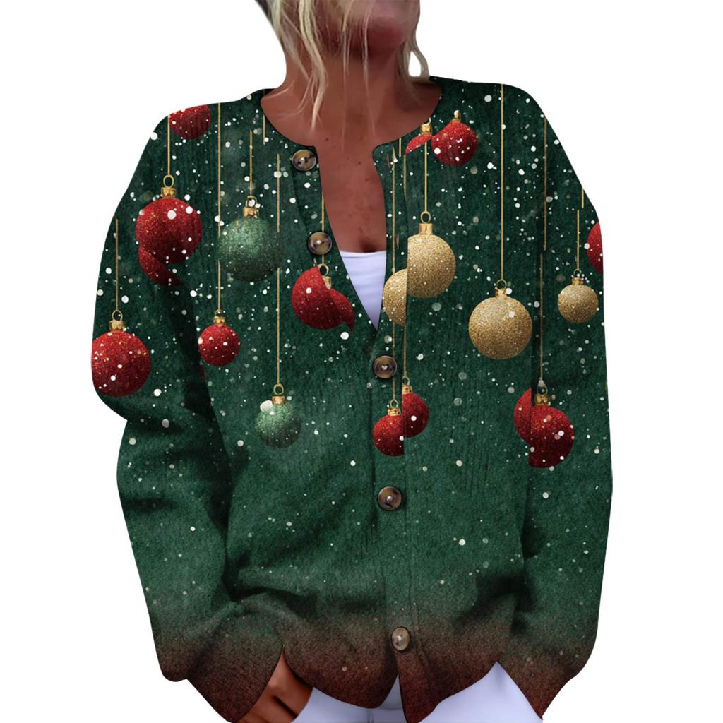 Women's Fashion Christmas Printed Long Sleeve Knitted Cardigan Button Down Jacket