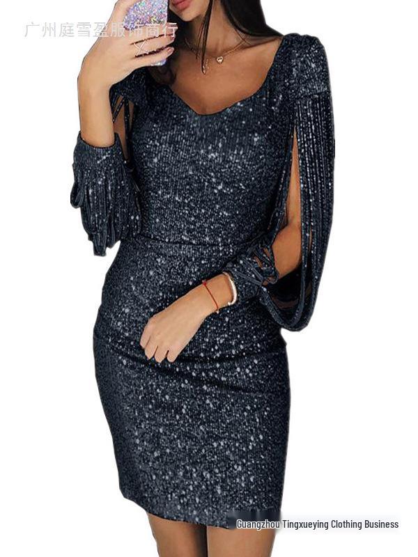 New Sexy Sequin Tassel Nightclub Party Dress with Long Sleeves