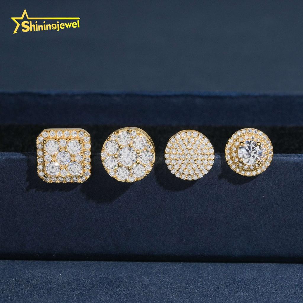 American Local Warehouse Moissanite 10mm 11mm Stud Earrings Real Gold Plated Cluster Ear Studs Hip Hop 925 Silver