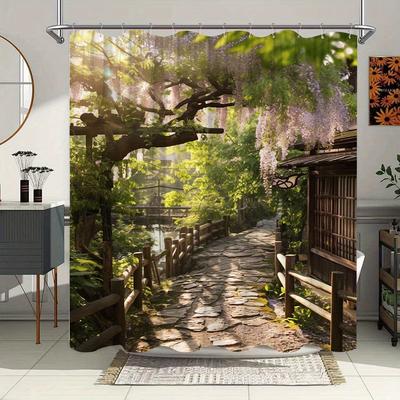 1pc Japanese Garden Shower Curtain - Extra Long Bathroom Window Curtain with Wisteria Flowers, Cobblestone Path, Sunlit Greenery
