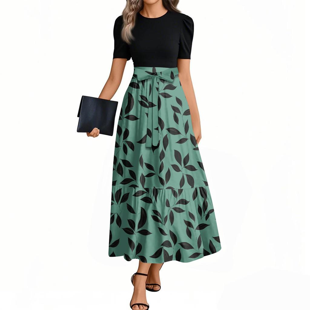 Women's Fashion Casual Belt Short Sleeve Round Neck Floral Stitching Elegant Temperament Dress